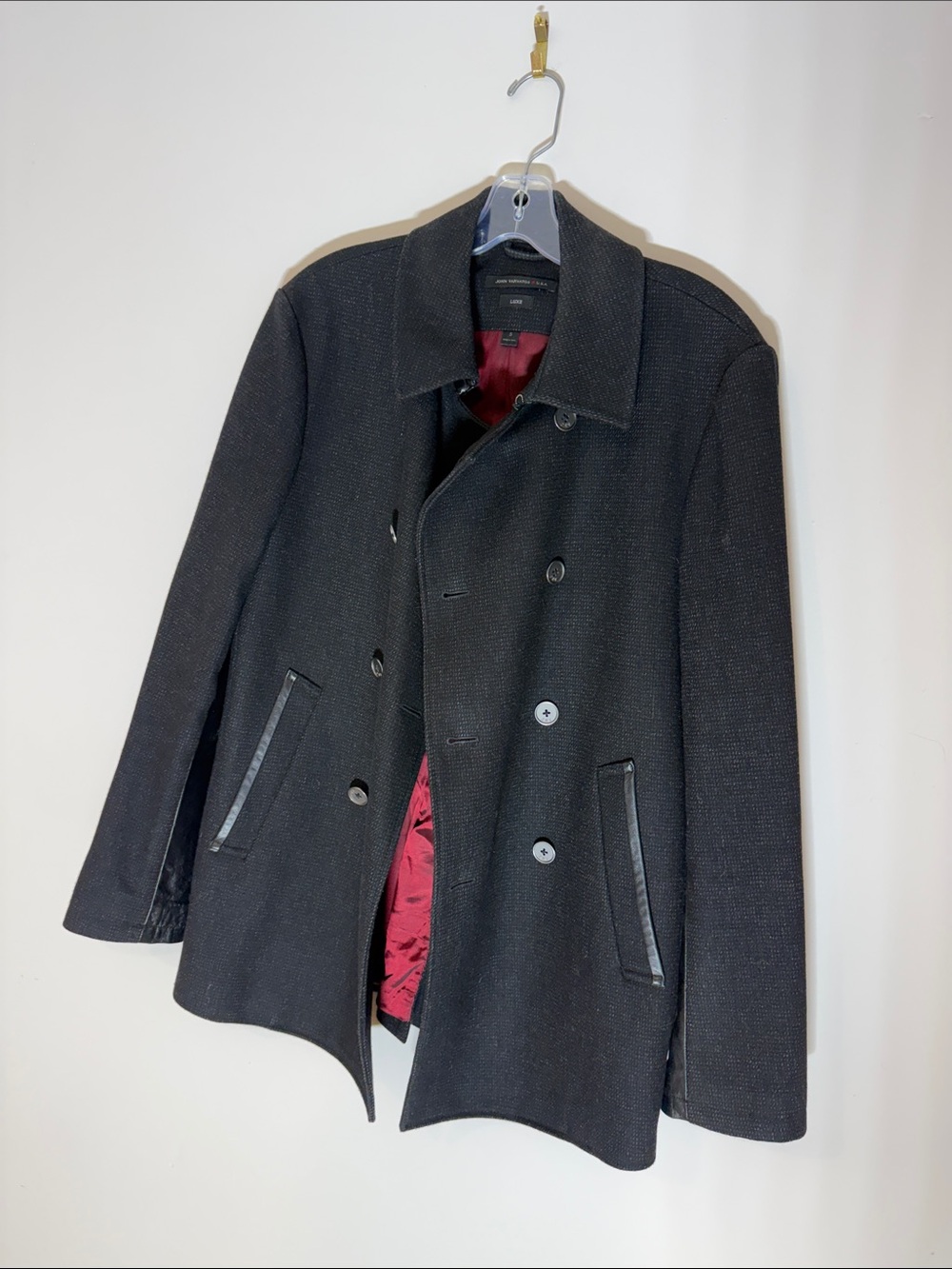 John Varvatos Black Peacoat with Red Interior